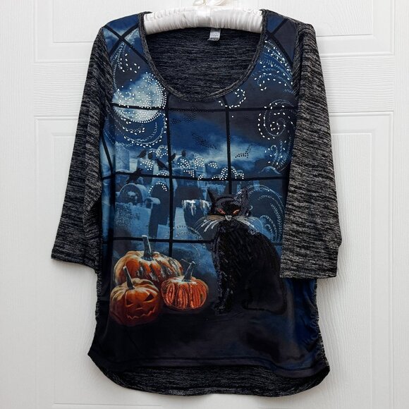 Halloween Shirt - Sequins & Rhinestones - Black Cat, Jack O'Lanterns Women Sz L - Picture 1 of 8